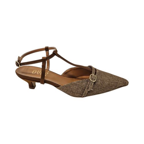Women’s slingback shoes made of brown linen fabric