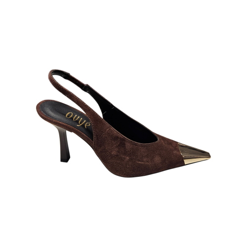 OVYé Women's Dark Brown Suede Slingback Pumps with Metal Toe Cap AT704CAM