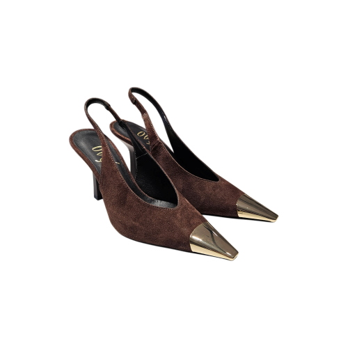 OVYé Women's Dark Brown Suede Slingback Pumps with Metal Toe Cap AT704CAM