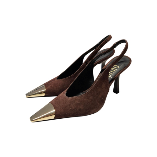 OVYé Women's Dark Brown Suede Slingback Pumps with Metal Toe Cap AT704CAM